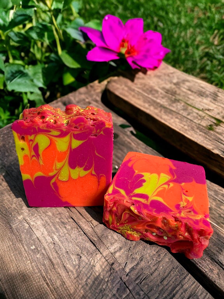 Vibrant neon Orange, Pink and Yellow soap fragranced with Fruity scent notes