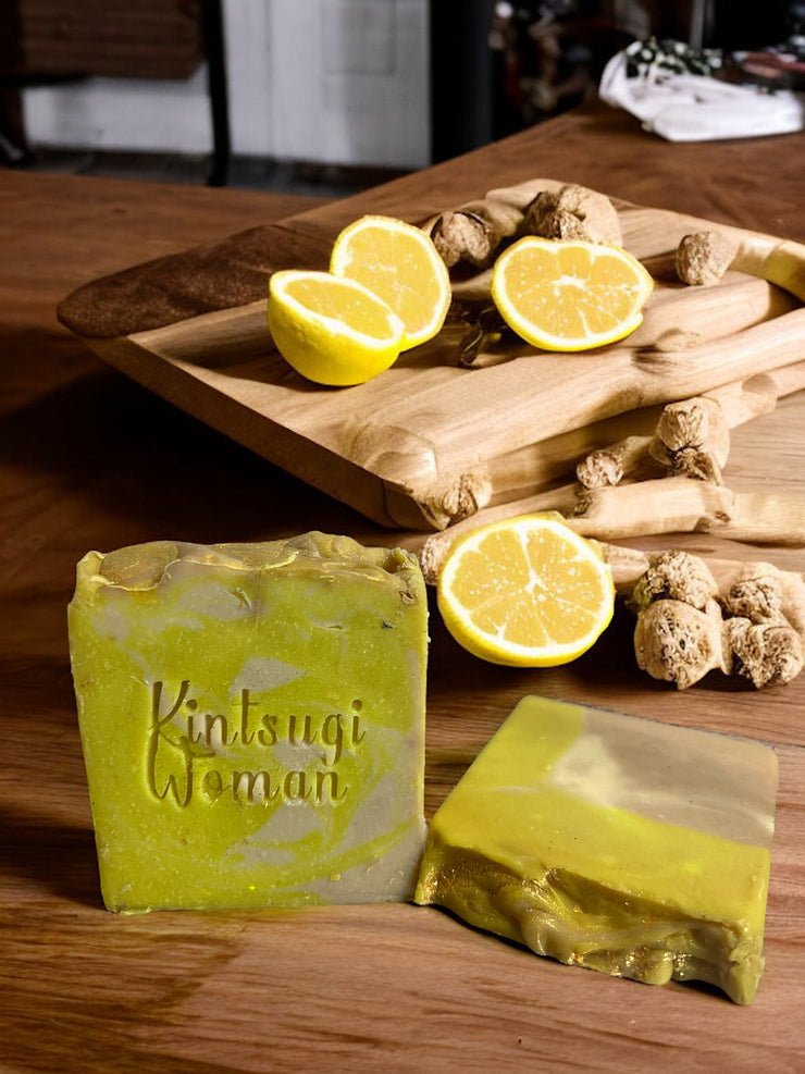 Yellow and brown soap scented with a lemon pound cake dessert fragrance 